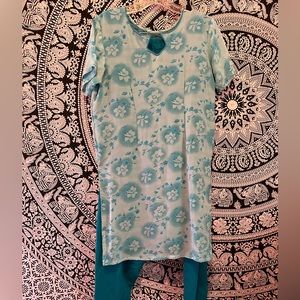 Blue with floral pattern patiala suit with shawl